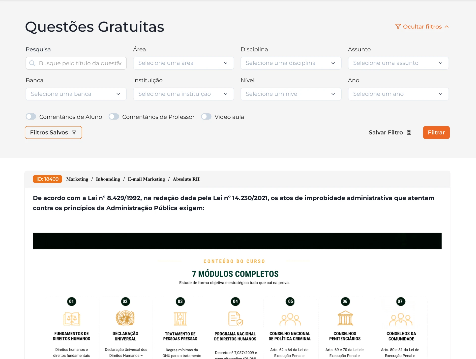 Plataforma de questões do professor com filtros por área, disciplina, assunto e banca