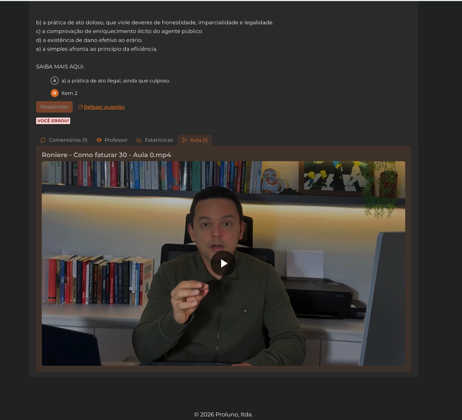 Questão respondida exibindo abas de comentários, professor, estatísticas e videoaula de resolução