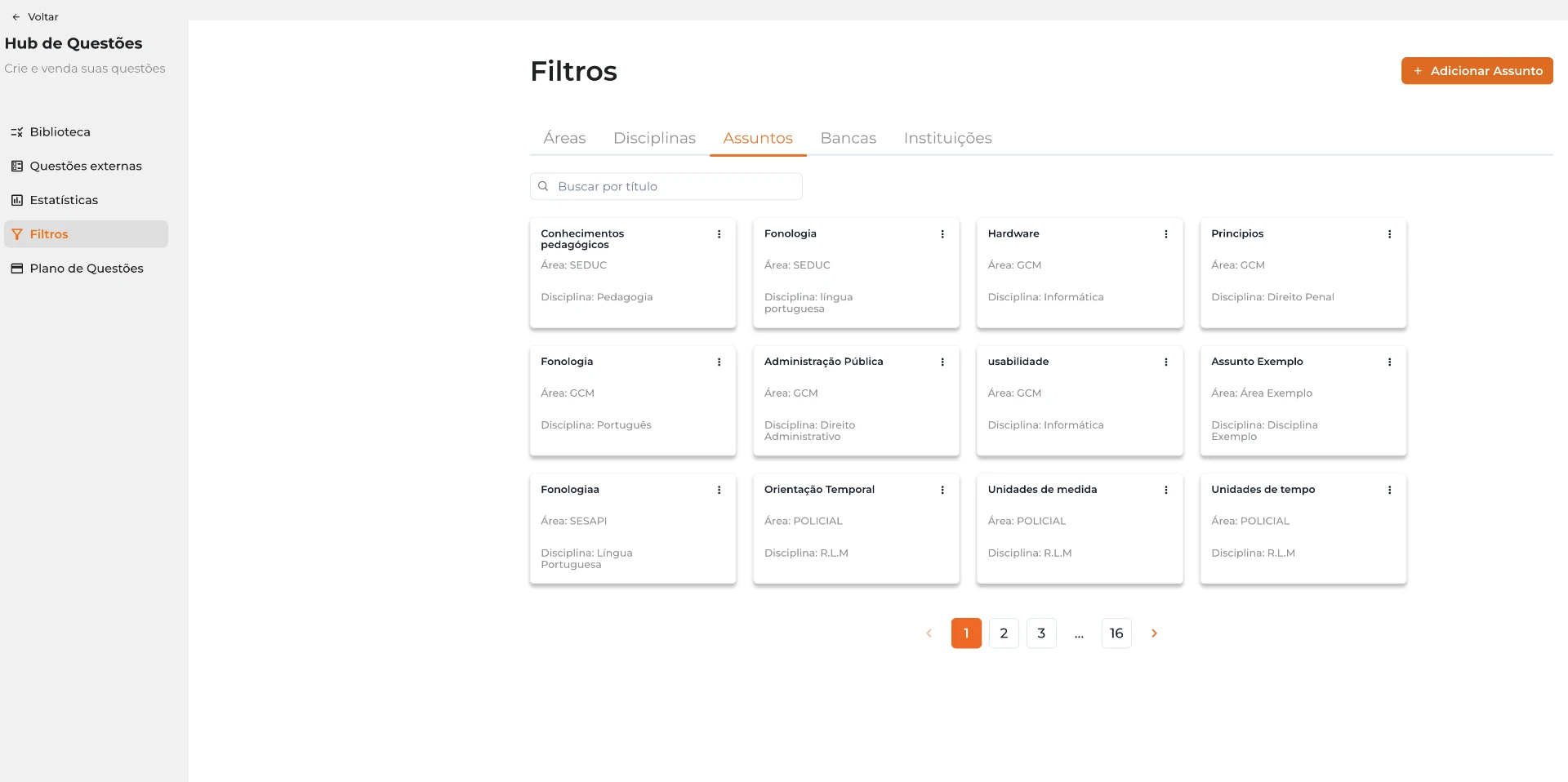 Painel de Filtros do Hub de Questões com abas de áreas, disciplinas, assuntos, bancas e instituições e cards de assuntos cadastrados